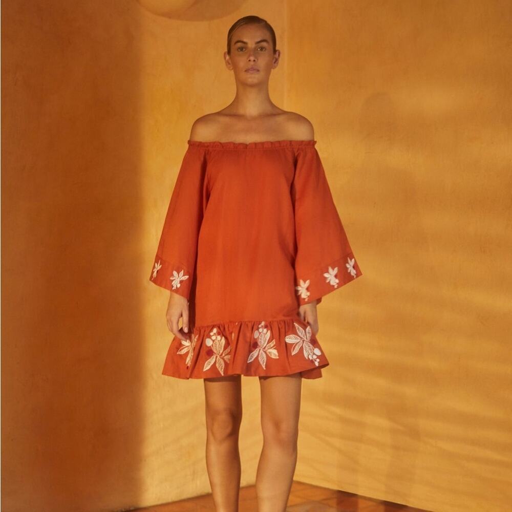 $460 JUAN DE DIOS Mexico Lindo Linen Mini Dress Embroidered SIZE XS‎ Terracotta
